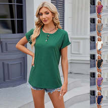 Solid Color Round Neck Button Short Sleeve T-Shirt New Summer Loose Top ... - $9.99+