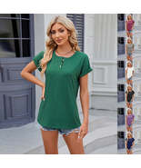 Solid Color Round Neck Button Short Sleeve T-Shirt New Summer Loose Top ... - £7.80 GBP+
