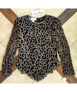 LAURENCE KAZAR Gold/Clear Beaded Black Silk Evening Top, Sheer Sleeves (... - $53.47 CAD