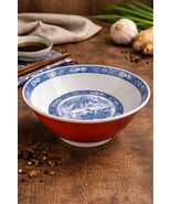 Vintage Chinese Porcelain Bowl Red Exterior Blue White Phoenix Motif 7.5 Inch - $36.00