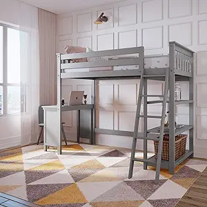 High Loft Bed, Twin Bed Frame For Kids With Bookcase And Desk, Grey - $963.99