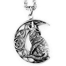 Celtic Moon Necklace Silver Stainless Steel Wolf Pentacle Pagan Pendant Chain - £21.49 GBP