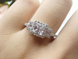 CZ AAA+Halo Princess Cut Three Stone Deco Vintage Engagement Bridal Ring  - £75.92 GBP