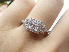 CZ AAA+Halo Princess Cut Three Stone Deco Vintage Engagement Bridal Ring  - £71.01 GBP