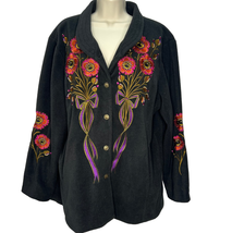 Vintage Bob Mackie Wearable Art Fleece Jacket Floral Embroidered Size XL Black  - £31.43 GBP