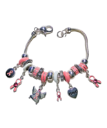 Pink Ribbon Cancer Awareness Beaded Charm Bracelet Slider Style Snake Ch... - $419.44 MXN