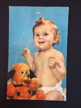 Vintage Baby / Toddler &amp; Stuffed Animal PC Blue Background  - £2.61 GBP