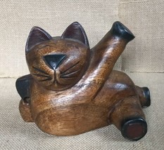 Wood Sassy Cat Figurine Statue Celebrates Victory Kitschy Folk Art Cotta... - £24.92 GBP