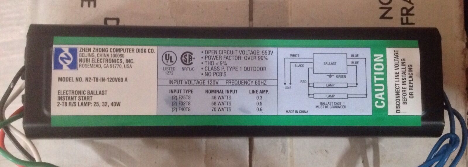 10PC ZHEN ZHONG COMPUTER N2-T8-IN-120V60 ELECTRONIC BALLAST 2-T8  25W,32... - $42.75
