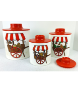 Ransburg Tin Kitchen Nesting 3 Pc Canister Set Italian Cart USA Red Lids... - $13.99