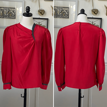 Vintage 80s Chaus Red Blouse Dark Grey Trim Asymmetrical Neck L - $23.04