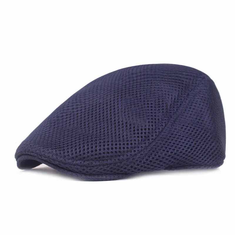 Men Cotton Mesh Flat Cap Golf Driving Cabbie Casual Breathable Hat Navy Blue - £7.80 GBP