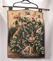 Tapestry Wall Hanging Bunny Rabbits Flowers W Decorative Wooden Hanging Towel - £32.15 GBP