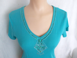 Sequins Embellished T-Shirt Aqua Blue Short Sleeve Tank Top CATO S - £5.53 GBP