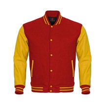 Super Bomber Varsity Letterman Baseball Jacket Red Body Yellow Leather S... - £75.50 GBP