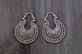 Gypsy Hoop Earrings, Tribal Hoops, Silver Ornate Earrings, Banjara Tribe Jewelry - £17.52 GBP