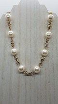Vintage Faux Pearl Floating Bead 18&quot; Necklace Gold Tone Chunky Cable Chain - £6.18 GBP