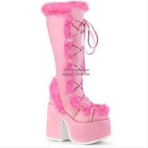 New Women Boots Furry Knee High Boots Lace Up Platform Chunky Heel Faux Fur Long - £136.71 GBP