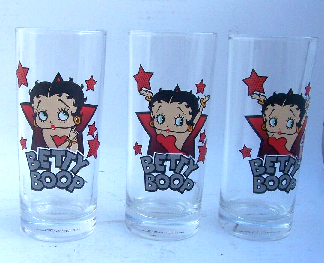 Primary image for BETTY BOOP 3 Glass Set  8 oz. TUMBLERS "Just Kissen" Vintage - 6" Tall 2 Designs