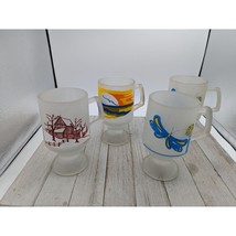 Set 4 Tiara Indiana Glass Satin Frosted Decorated 1984 1985 Footed Mugs - $14.96
