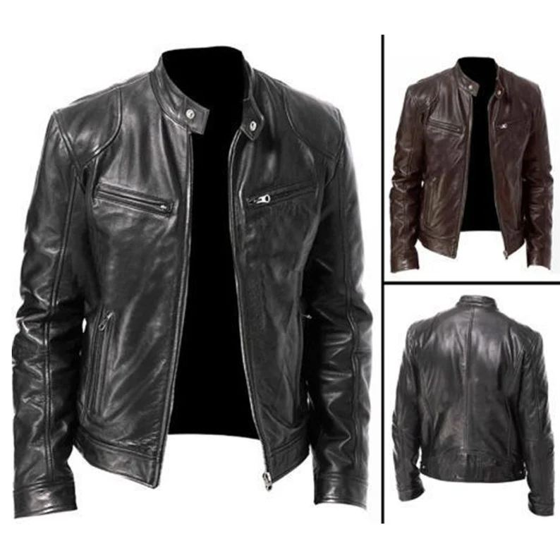 Men&#39;s Black and Brown Fashion Motorcycle Racing Leather Jacket Genuine C... - $189.00