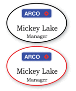 2 WHITE OVAL ARCO STORES PERSONALIZED NAME BADGES MAGNETIC FASTENER - $40.92 CAD
