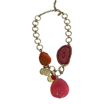 Chicos Necklace Pink Geode Slice Gold Tone Link Chain Chunky Statement - £26.90 GBP