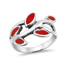 Olive Branch Leaves Wrap Reconstructed Red Coral Sterling Silver Ring-7 - £17.40 GBP