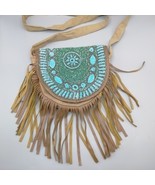 Vintage brown Vegan Leather fringe Crossbody bag purse beads Earthbound - $22.18 CAD