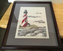 Red White Lighthouse Framed Matted Cross Stitch - £33.01 GBP