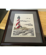 Red White Lighthouse Framed Matted Cross Stitch - $799.80 MXN