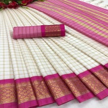 Cotton Silk Saree White &amp; Rani Pink Checks With Woven Border - £32.03 GBP