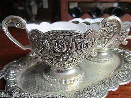 Magnificent creamer/sugar/tray repousse silverplate ceramic painting inside[*] - £50.49 GBP