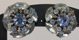 Vtg 3 Tone Blue Rhinestone Marquise Flower Silver Tone Clip-on Earrings ... - £15.97 GBP