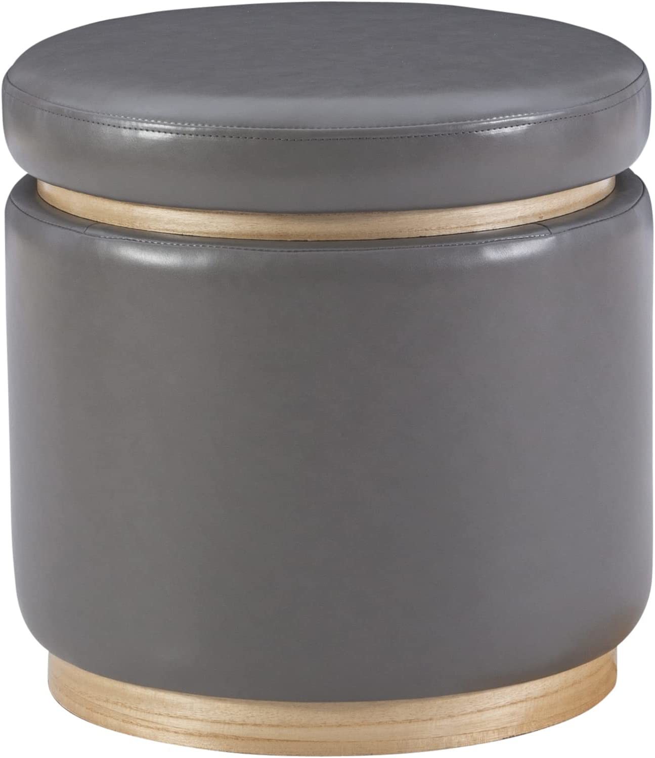 Lexington Grey Faux Leather Round Storage Ottoman with Wood Accent by Linon - $82.99