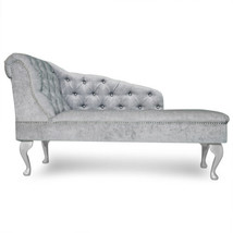 Chesterfield Handmade Tufted Silver Chenille Chaise Lounge Bedroom Accent Chair - £223.00 GBP+