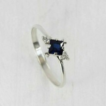 0.75Ct Princess Cut Blue Sapphire &amp; Diamond Vintage Ring 14K White Gold Finish - £57.27 GBP