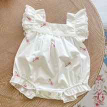 Cotton Flower Embroidery Baby Girls Jumpsuit: Flying Sleeve Bodysuit Romper - £18.83 GBP