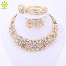 Nigerian Wedding African Beads Jewelry Sets Crystal Necklace Sets Gold Color Jew - £21.64 GBP