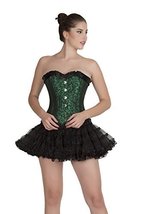 Green Black Brocade Black Frill Halloween Corset Party Costume Prom Overbust Top - £38.35 GBP