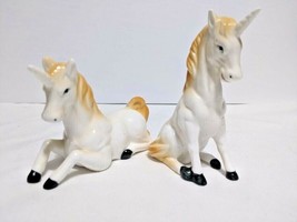 Vintage Two 2  Unicorn Horse Figurines  White Brown Ceramic Porcelain 4 x 3 &quot; - £9.35 GBP