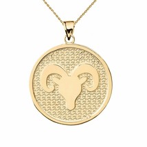 14K Solid Gold Aries Zodiac Sign Disc Round Pendant Necklace  - £221.11 GBP+