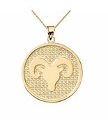 14K Solid Gold Aries Zodiac Sign Disc Round Pendant Necklace  - £218.59 GBP+