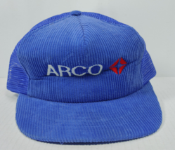 Vintage ARCO Blue Corduroy Trucker Hat Cap Snapback Mesh Universal Industries - £15.94 GBP