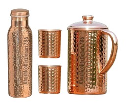 Copper Hammered Water Pitcher Jug 1500ML Hammered Bottle Tumbler Glass S... - £41.64 GBP