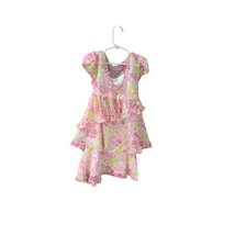 RMLA Girls Size 6 Dress Sheer Tiered Lined Floral Pink dress Lace Trim W... - $12.86