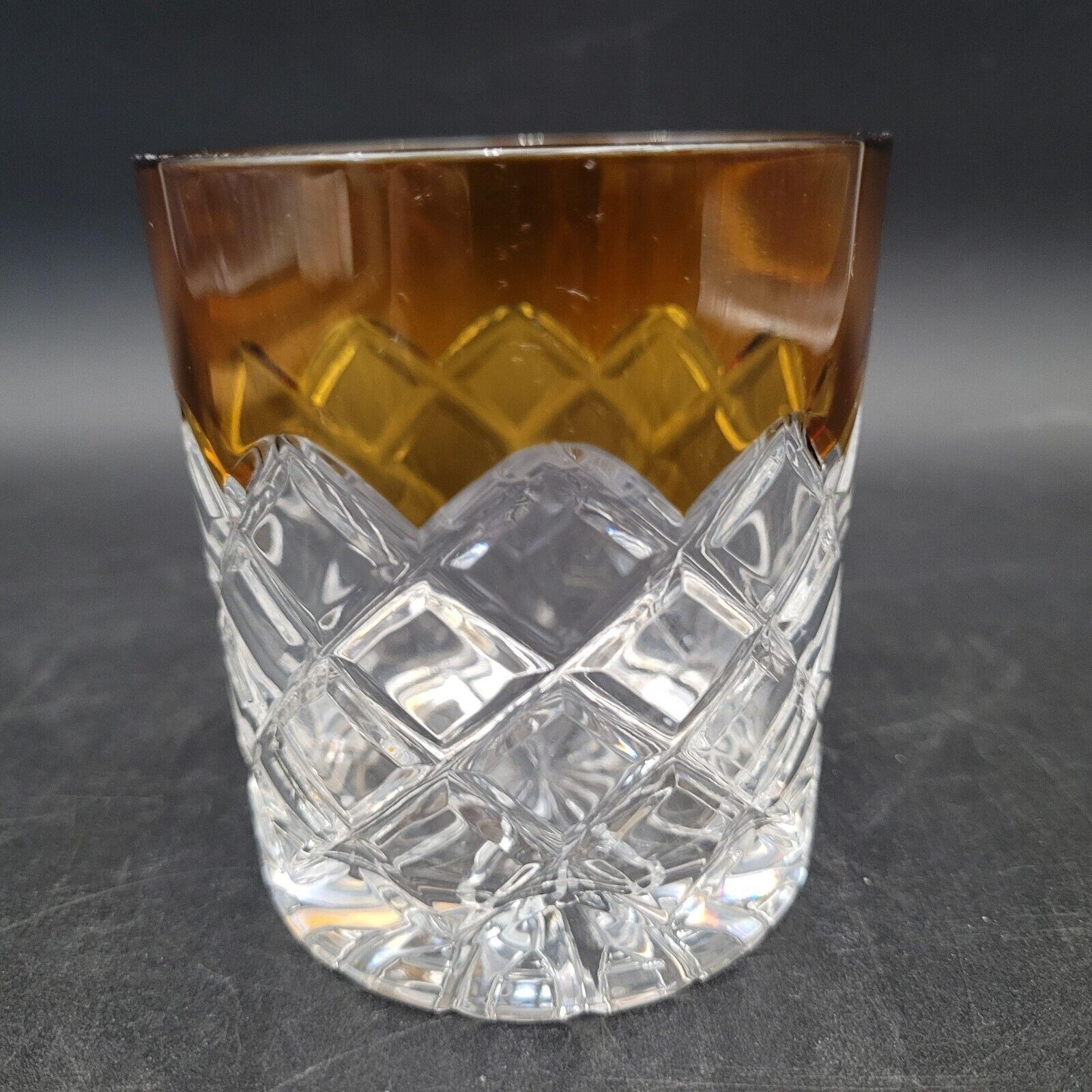 Cut To Clear Amber Gold Double Old Fashioned Diamond Weave Crystal Glass... - $14.84