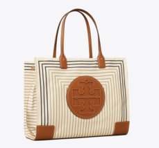 Tory Burch Nylon Ella Printed TOTE ~NWT~ Box Stripe Natural Vachetta - £197.46 GBP