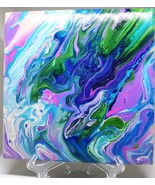 Ceramic trivet, 6x6 square, blue green purple abstract original art, pot... - £7.84 GBP