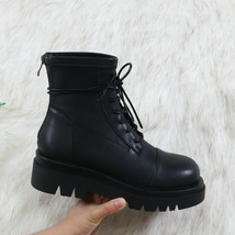 PU Leather Lace Up Zipper Knee High Boots Square Heel Autumn Winter Women Shoes  - $130.00